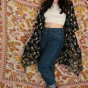 Black Sheer Yellow Floral Kimono Wrap